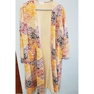 LuLaRoe Cardigan Long Duster Size L Beige Purple Open Front Patchwork